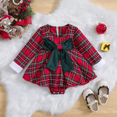 BeQeuewll csecsemő baba lányoknak őszi télre karácsonyi kockás ruha, kockás mintás hosszú ujjú kombiné masnival 0-18 hónapig