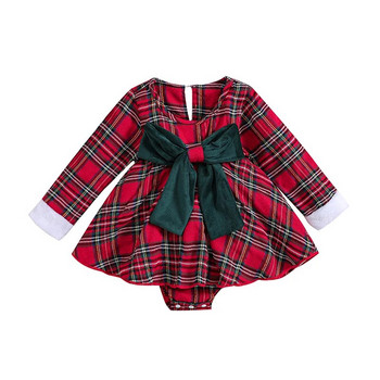 BeQeuewll Бебешки момичета за есен-зима Коледна рокля с гащеризон с кариран принт с дълъг ръкав и панделка за 0-18 месеца