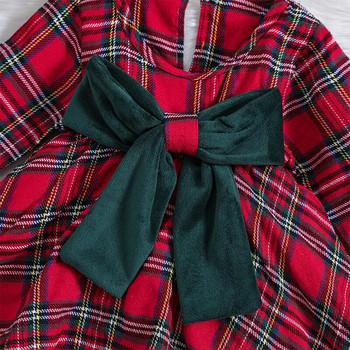 BeQeuewll Бебешки момичета за есен-зима Коледна рокля с гащеризон с кариран принт с дълъг ръкав и панделка за 0-18 месеца