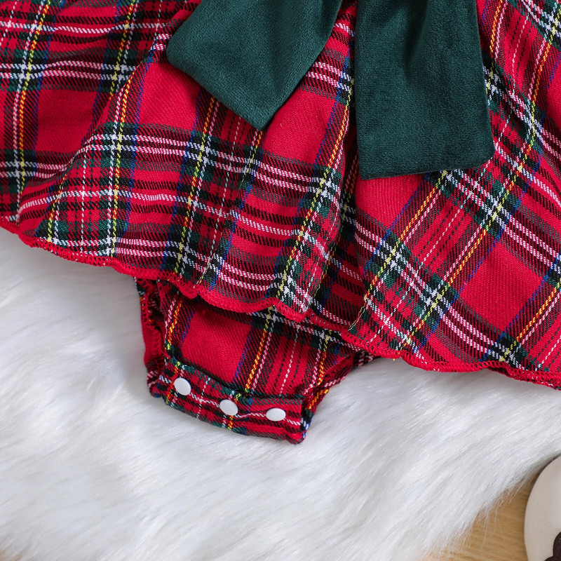 BeQeuewll csecsemő baba lányoknak őszi télre karácsonyi kockás ruha, kockás mintás hosszú ujjú kombiné masnival 0-18 hónapig