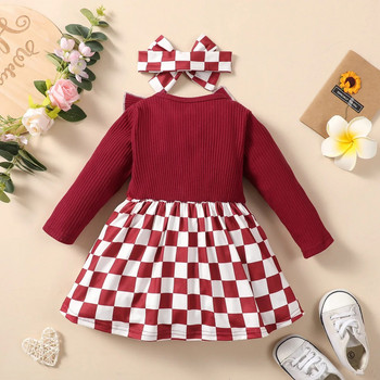 Детска рокля за момиченце Ежедневна рокля с дълъг ръкав Модна едноцветна бебешка рокля с кръгло деколте и възел с лък, A-силует