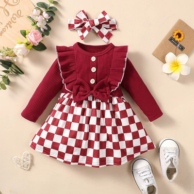 Детска рокля за момиченце Ежедневна рокля с дълъг ръкав Модна едноцветна бебешка рокля с кръгло деколте и възел с лък, A-силует
