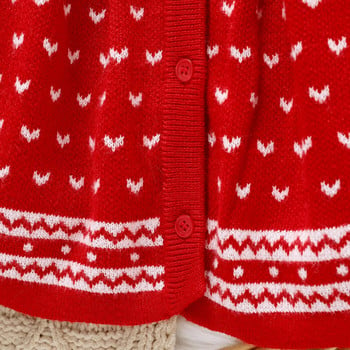 PatPat Коледна рокля за момиченце, плетена червена пуловерна рокля с копчета и дълги ръкави