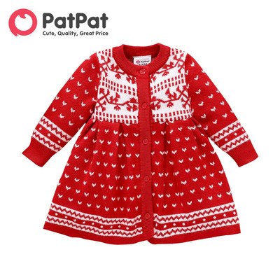 PatPat Коледна рокля за момиченце, плетена червена пуловерна рокля с копчета и дълги ръкави