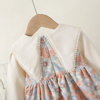 Есенна бебешка рокля за новородени, цветя, поло яка с дълъг ръкав, детска рокля на принцеса, модни дантелени дрехи за момичета