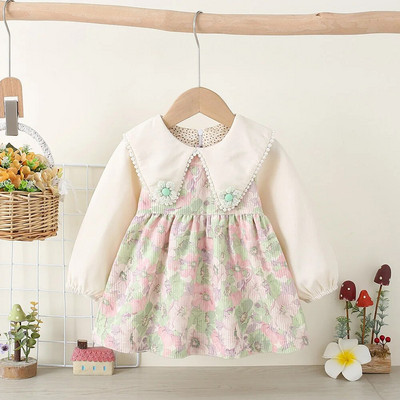 Есенна бебешка рокля за новородени, цветя, поло яка с дълъг ръкав, детска рокля на принцеса, модни дантелени дрехи за момичета