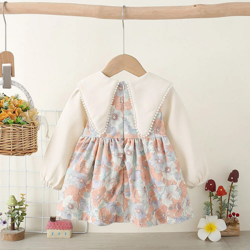 Rudens jaundzimušo bērnu kleita, puķu polo apkakle ar garām piedurknēm bērnu princešu kleita, modes mežģīņu apģērbs meitenēm