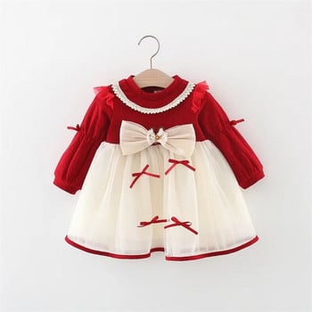 Есенна мрежеста рокля с дълъг ръкав за момиченце с дантелена панделка Сладко парти детско облекло Моден детски костюм в корейски стил за малко дете от 0 до 3 години