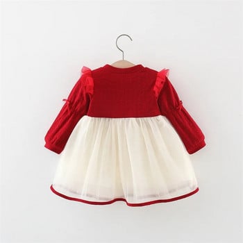 Есенна мрежеста рокля с дълъг ръкав за момиченце с дантелена панделка Сладко парти детско облекло Моден детски костюм в корейски стил за малко дете от 0 до 3 години