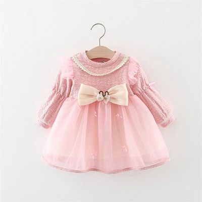 Φθινοπωρινό μωρό κορίτσι με μακρυμάνικο διχτυωτό φόρεμα δαντέλα φιόγκο Χαριτωμένο πάρτι παιδικά ρούχα μόδα Κορεατικό στυλ Παιδική στολή νηπίων 0 έως 3 ετών