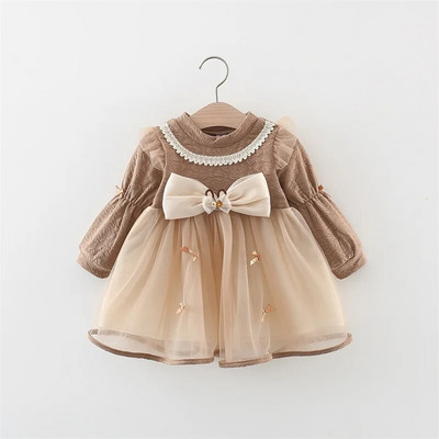 Φθινοπωρινό μωρό κορίτσι με μακρυμάνικο διχτυωτό φόρεμα δαντέλα φιόγκο Χαριτωμένο πάρτι παιδικά ρούχα μόδα Κορεατικό στυλ Παιδική στολή νηπίων 0 έως 3 ετών