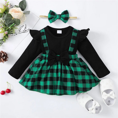 0–18 mėnesių naujagimio kalėdinė suknelė, lankas, ilgomis rankovėmis, languotas šliaužtinukas + galvos apdangalas Kūdikio gimtadienio vakarėliui rudens žiemos drabužiai