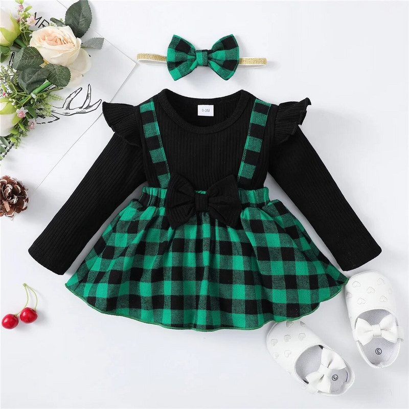 0–18 mėnesių naujagimio kalėdinė suknelė, lankas, ilgomis rankovėmis, languotas šliaužtinukas + galvos apdangalas Kūdikio gimtadienio vakarėliui rudens žiemos drabužiai