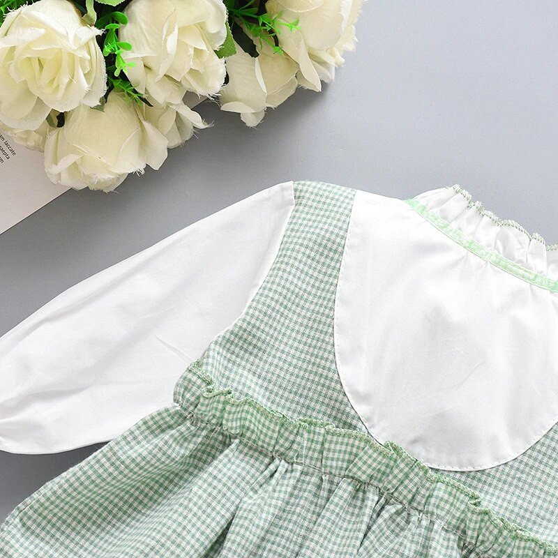 Pavasara un rudens meiteņu kleita ar garām piedurknēm, rūtaina, maza, stāvoša apkakle, zīdaiņu kleita Rietumu stila meiteņu bērnu apģērbi