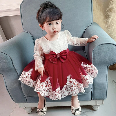 PLBBFZ bantīšu kleita ar garām piedurknēm jaundzimušajam 1 gadu kristībām dzimšanas dienas vakarā bērnu kleitas ballītei kāzu bērnu apģērbi