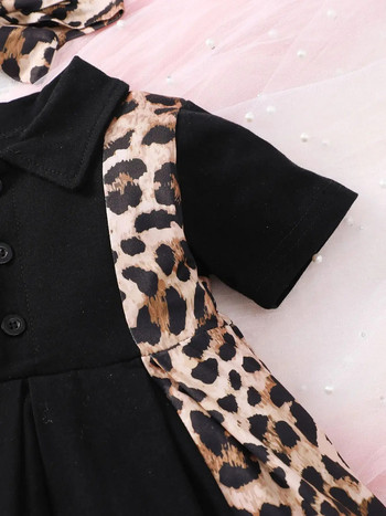 Νεογέννητο κοριτσάκι 0-3 ετών Καλοκαιρινό κοντομάνικο πέτο μαύρο λεοπάρ τύπωμα Χαριτωμένο μοδάτο πλισέ φόρεμα