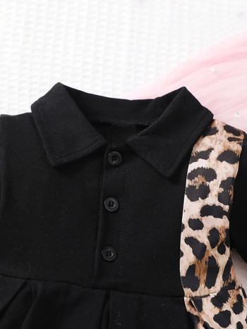 0-3 годишни новородени момиченца Лятна черна леопардова щампа с ревер с къс ръкав Сладка модна плисирана рокля
