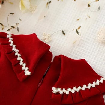 Рокля с дълъг ръкав за момиченце Есенна червена памучна рокля Модна рокля за принцеса за рожден ден за деца