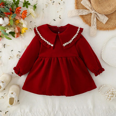 Рокля с дълъг ръкав за момиченце Есенна червена памучна рокля Модна рокля за принцеса за рожден ден за деца