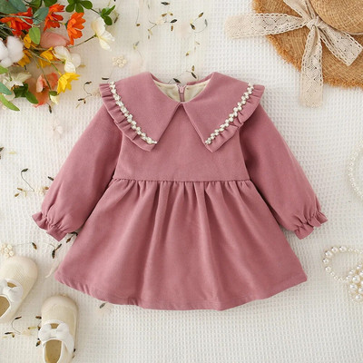 Meiteņu kleita ar garām piedurknēm rudens sarkana kokvilnas kleita, modes dzimšanas dienas kleita princesei bērniem