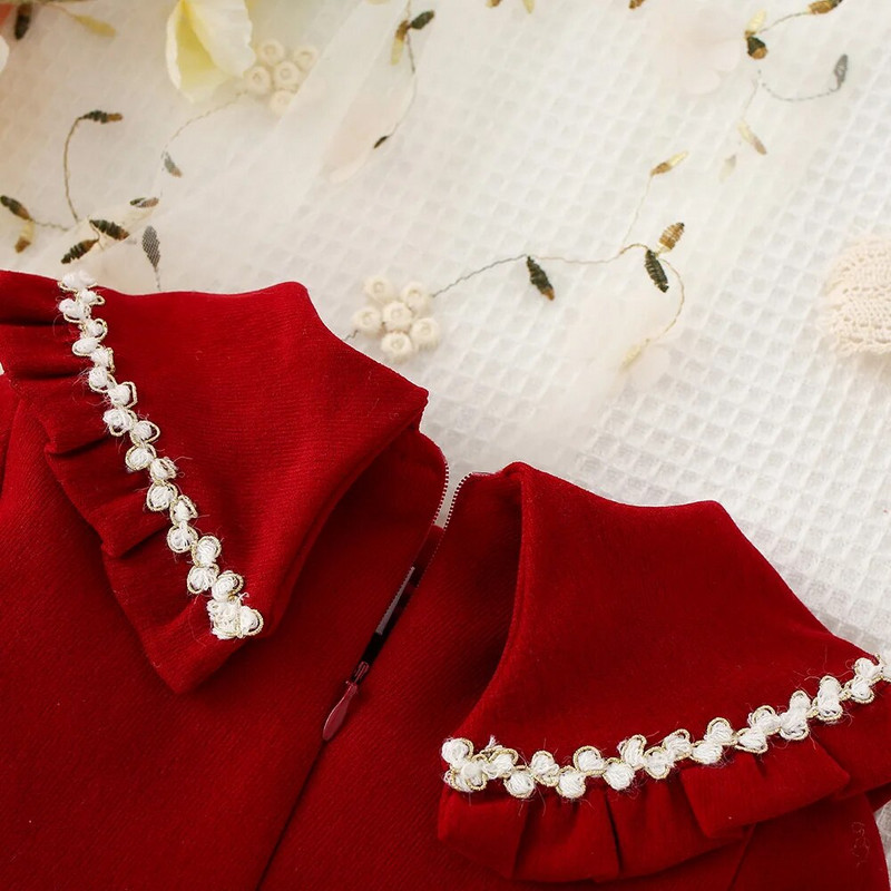 Meiteņu kleita ar garām piedurknēm rudens sarkana kokvilnas kleita, modes dzimšanas dienas kleita princesei bērniem