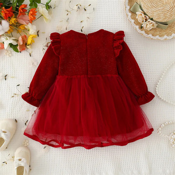 Φόρεμα πριγκίπισσας μακρυμάνικο διχτυωτό φθινοπωρινό κορίτσι με φιόγκο με δαντέλα με μασίφ Στρογγυλή λαιμόκοψη Κόκκινο γλυκό φόρεμα γενεθλίων