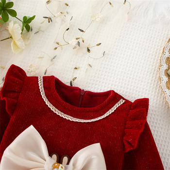 Есенна мрежеста рокля на принцеса с панделка за момиче и дълъг ръкав с дантелена декорация Плътна червена сладка рокля за рожден ден с кръгло деколте