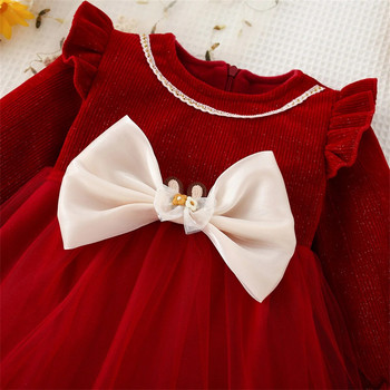 Есенна мрежеста рокля на принцеса с панделка за момиче и дълъг ръкав с дантелена декорация Плътна червена сладка рокля за рожден ден с кръгло деколте