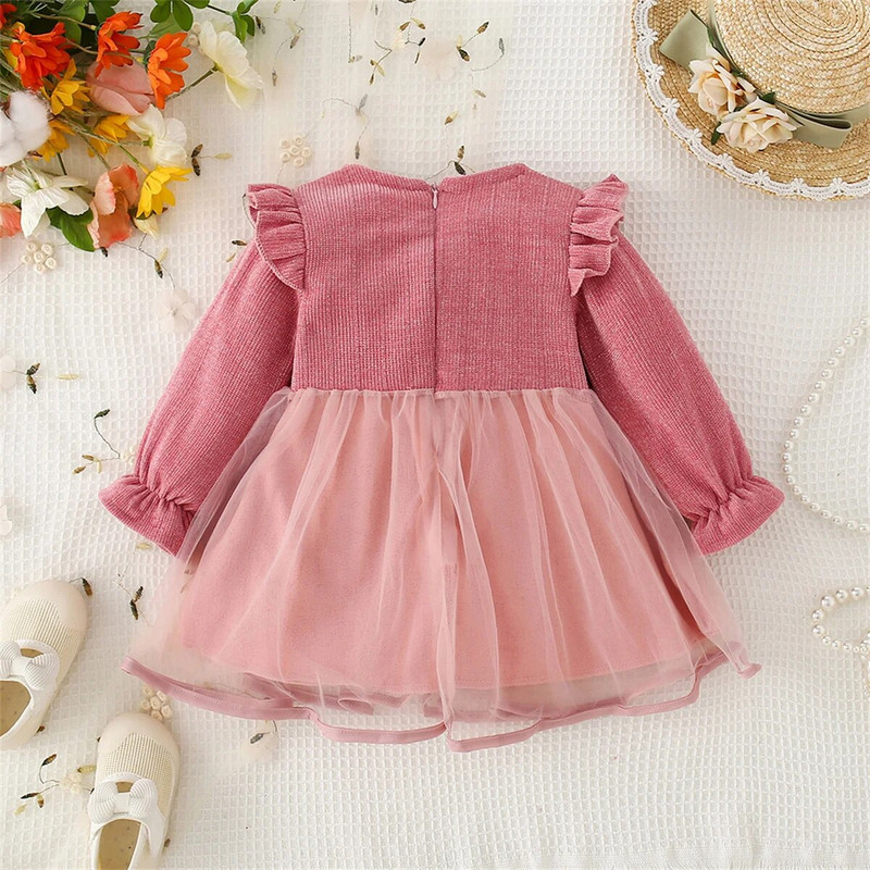 Rudens meitenes bantīte ar garām piedurknēm sieta princeses kleita ar mežģīņu rotājumu, masīva apaļa kakla dzimšanas dienas sarkana, salda kleita