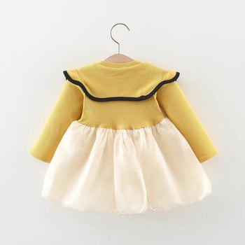 Есенно-зимна нова рокля с дълъг ръкав за момичета Детска малка рокля с кръгло деколте 3D цветя Декоративна рокля на принцеса