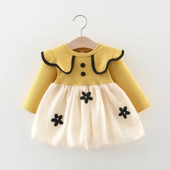 Φθινόπωρο και Χειμώνας Νέο μακρυμάνικο φόρεμα για κορίτσια Παιδικό φόρεμα με μικρή στρογγυλή λαιμόκοψη 3D διακοσμητικό λουλούδι Splice Princess