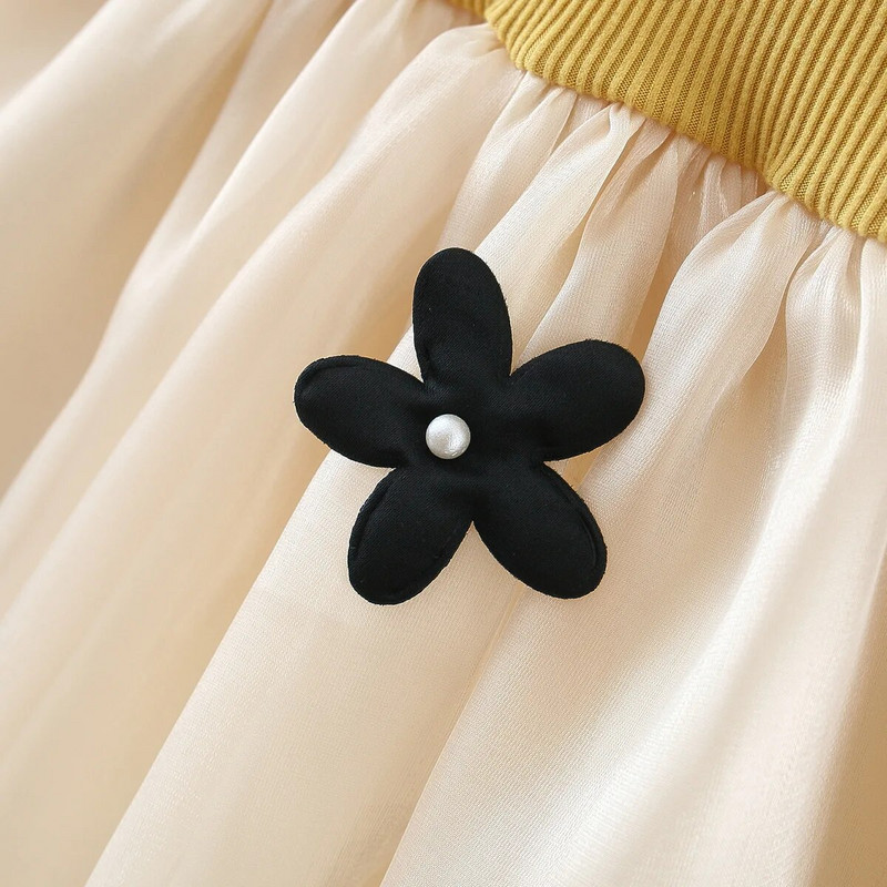 Rudens un ziemas jauna meiteņu kleita ar garām piedurknēm Bērnu maza apaļa kakla kleita ar ziedu 3D dekoratīvu splice princeses kleitu