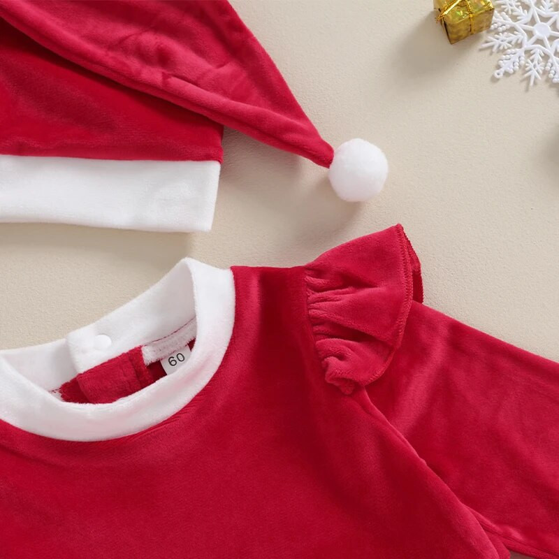 Jauka samta silta meiteņu Ziemassvētku drēbīte ar garām piedurknēm sniega raibuma kleita ar cepuri Ziemas jaundzimušo apģērbs