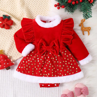 Коледни дрехи за новородени момичета Кадифена гащеризон 3 612 18 месеца Зимна блестяща рокля Звездно облекло