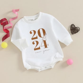 2024 2024 0-18M Βρεφικά μωρά Πρωτοχρονιάτικο Playsuit Επιστολή εκτύπωσης με στρογγυλή λαιμόκοψη μακρυμάνικο φούτερ Romper Παιδικά ρούχα