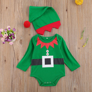 Σετ 2 τεμ. Χριστουγεννιάτικα ρούχα για νεογέννητο μωρό Ρούχα με μακρυμάνικο με στρογγυλή λαιμόκοψη και στάμπα με καπέλο πόμπο για βρεφικό πάρτι