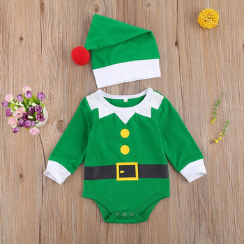 Σετ 2 τεμ. Χριστουγεννιάτικα ρούχα για νεογέννητο μωρό Ρούχα με μακρυμάνικο με στρογγυλή λαιμόκοψη και στάμπα με καπέλο πόμπο για βρεφικό πάρτι