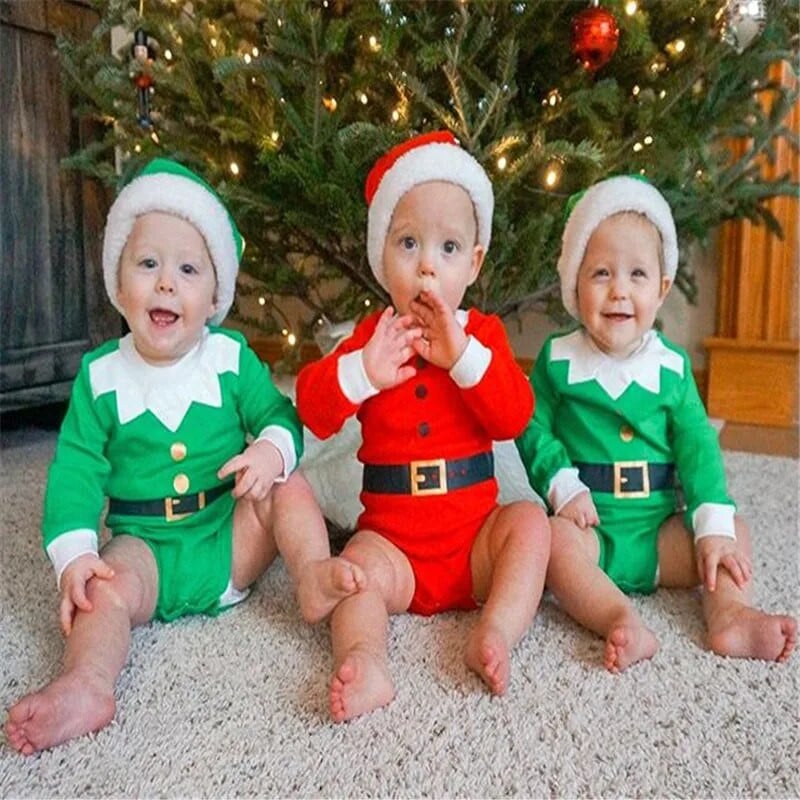2Gb. Komplekts Jaundzimušā Ziemassvētku Tērpi Apģērbi Garām piedurknēm Apkakla Apdruka Rompers+Pompom Cepure Mazuļu ballīšu kostīmi
