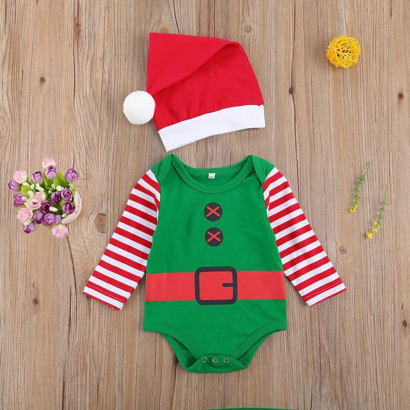 2Gb. Komplekts Jaundzimušā Ziemassvētku Tērpi Apģērbi Garām piedurknēm Apkakla Apdruka Rompers+Pompom Cepure Mazuļu ballīšu kostīmi