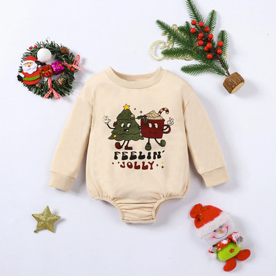 1 DB karácsonyi baba kerek nyakú, hosszú ujjú karikatúra levélnyomat háromszög egyforma babaruházat bodyk Onesie