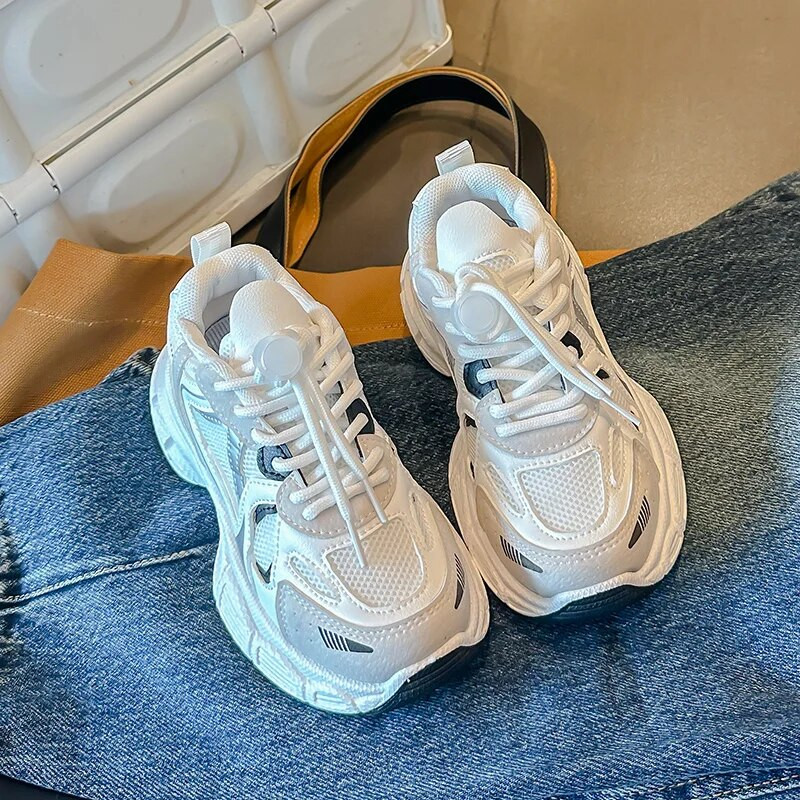 Bērnu elpojošas baltas kuplas kedas meitenēm zēniem, svītrainām šņorēm, ikdienas sporta apavi bērniem teniss 6-14 g. apavi pavasaris rudens