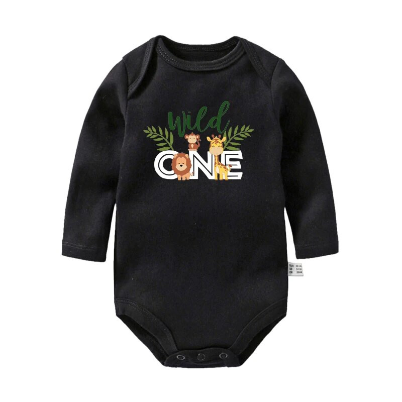 Savvaļas vienas dzimšanas dienas zīdaiņa bodijs zīdaiņa 1. dzimšanas dienas džungļu ballītes tērps Dzīvnieku multfilmas Mazuļu drēbes Mazuļa kombinezons ar garām piedurknēm