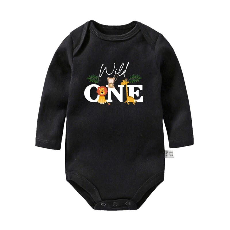 Savvaļas vienas dzimšanas dienas zīdaiņa bodijs zīdaiņa 1. dzimšanas dienas džungļu ballītes tērps Dzīvnieku multfilmas Mazuļu drēbes Mazuļa kombinezons ar garām piedurknēm