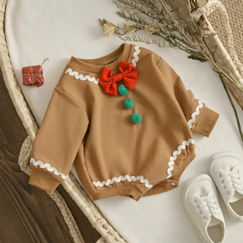 ma&baby 0–18 M Ziemassvētku jaundzimušā zīdaiņa zīdaiņa zīdainis, mazulis, Ziemassvētku kostīms ar garām piedurknēm, bantītis, pom pom kombinezons.