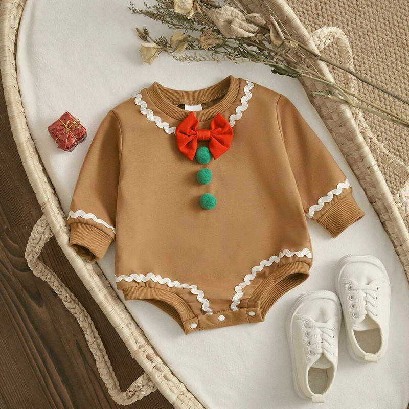 ma&baby 0–18 M Ziemassvētku jaundzimušā zīdaiņa zīdaiņa zīdainis, mazulis, Ziemassvētku kostīms ar garām piedurknēm, bantītis, pom pom kombinezons.