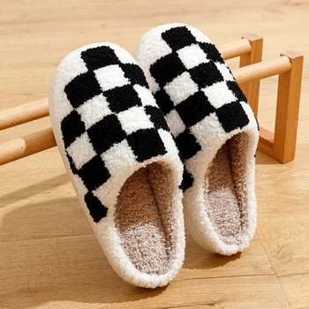 Νέα Fuzzy Slippers Fashion Checker Παπούτσια για κέντημα εσωτερικού χώρου Cozy Woman Winter Fluffy House ρετρό καρό παπούτσια