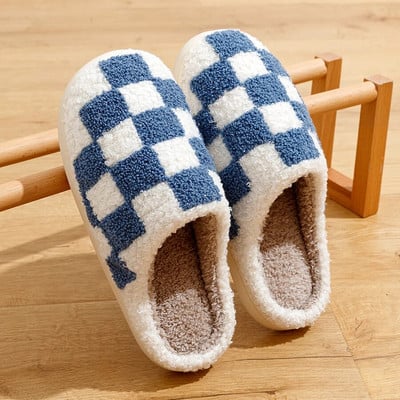 Νέα Fuzzy Slippers Fashion Checker Παπούτσια για κέντημα εσωτερικού χώρου Cozy Woman Winter Fluffy House ρετρό καρό παπούτσια