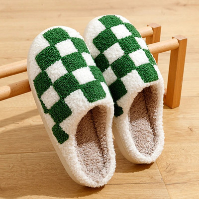 Νέα Fuzzy Slippers Fashion Checker Παπούτσια για κέντημα εσωτερικού χώρου Cozy Woman Winter Fluffy House ρετρό καρό παπούτσια