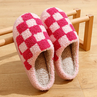 Νέα Fuzzy Slippers Fashion Checker Παπούτσια για κέντημα εσωτερικού χώρου Cozy Woman Winter Fluffy House ρετρό καρό παπούτσια