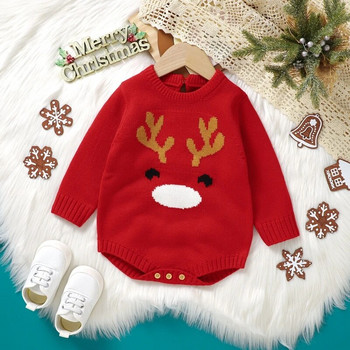 Коледни бебета, момичета, момчета, плетени дрехи, гащеризон, анимационен лос, с дълъг ръкав и деколте, щампа, трикотажно боди, костюм за новородено бебе